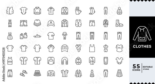 Clothes line icons set. Clothes editable stroke icons. Fashion icons. T-shirt, Pants, Jacket, Dress, Short, Shoe, Editable stroke. Vector illustration
