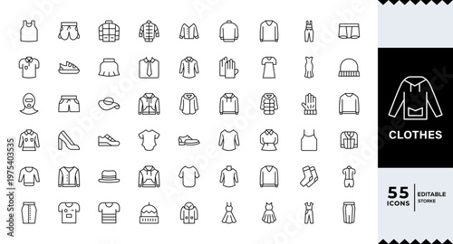 Clothes line icons set. Clothes editable stroke icons. Fashion icons. T-shirt, Pants, Jacket, Dress, Short, Shoe, Editable stroke. Vector illustration