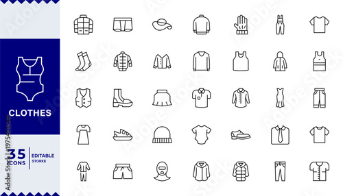 Clothes line icons set. Clothes editable stroke icons. Fashion icons. T-shirt, Pants, Jacket, Dress, Short, Shoe, Editable stroke. Vector illustration