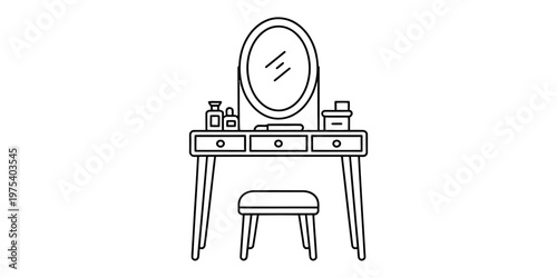 A simple black and white line art illustration of a vanity table with a mirror and a small stool. Vector, illustration