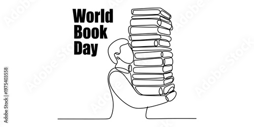 A single line drawing of a person carrying a large stack of books for world book day celebration. Vector, illustration