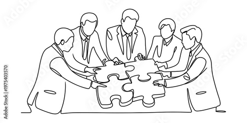 A continuous line drawing of professional team members collaborating together on a puzzle piece Vector, illustration