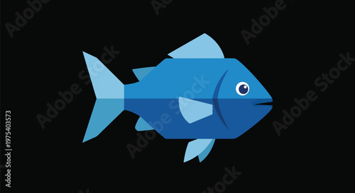Flat Blue Fish Vector Icon On Black Background Minimal Illustration