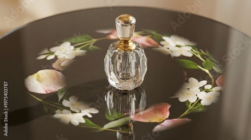 Luxury perfume bottle surrounded by soft floral elements, presenting a delicate and romantic fragrance concept.