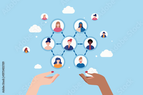Diverse group of people connected by a network held in two hands