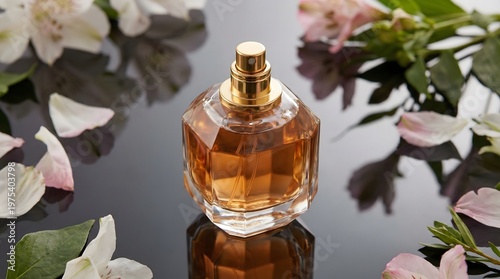 Elegant glass perfume bottle with reflective surface and soft lighting, creating a refined and modern fragrance presentation.