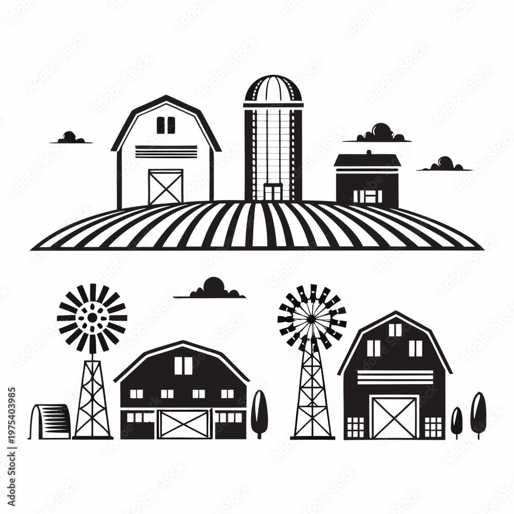 Fototapeta premium Black and white illustration of a rural landscape with barns and windmills