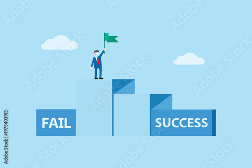 Business professional celebrates achievement atop a staircase to success