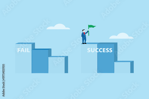 Man standing on success platform with a flag overcoming obstacles