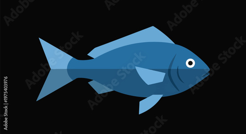 Flat Design Blue Fish Icon Isolated On Black Background Abstract Minimal Illustration