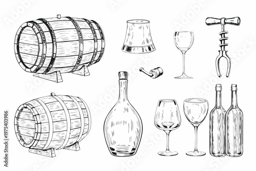 Vintage wine accessories and barrels in a hand drawn sketch style