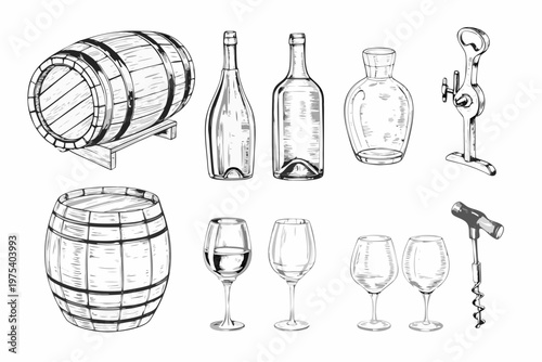 Vintage wine and whiskey collection barrels bottles glasses and tools