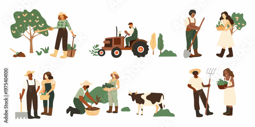 Diverse farmers tending to crops and livestock in a rural setting
