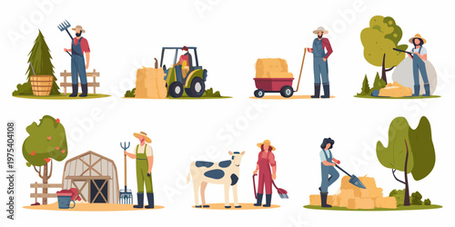 Farmers working on a farm with various equipment and livestock