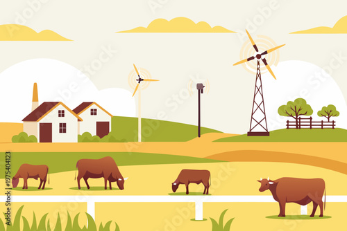 A peaceful countryside scene with cows grazing near wind turbines