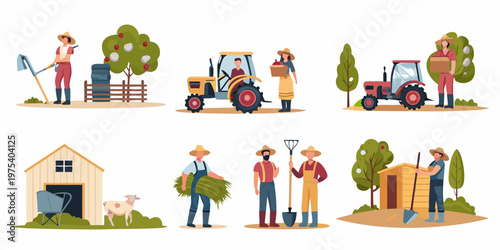 Cartoon farmers tending crops livestock and operating farm machinery