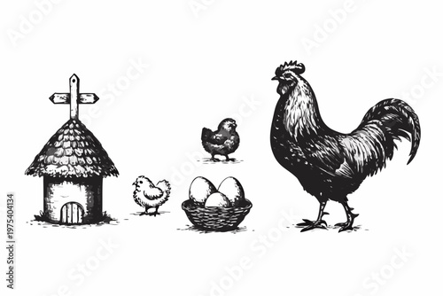 A vintage illustration depicting a rooster chickens and a rustic birdhouse