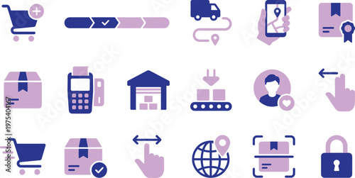 A collection of purple vector icons representing e-commerce shopping logistics shipping delivery tracking and digital payment processes