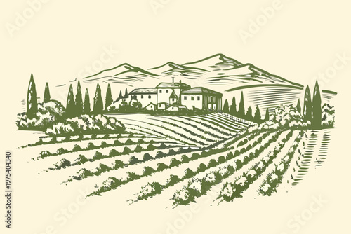 A detailed sketch depicts a tuscan villa amidst rolling vineyard hills
