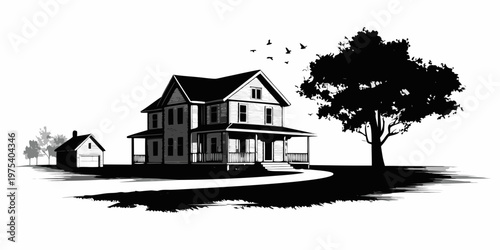 Black and white illustration of a victorian house with surrounding landscape