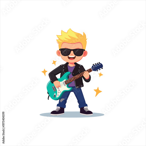 vector Cartoon Rockstar Boy Playing Electric Guitar with Sunglasses