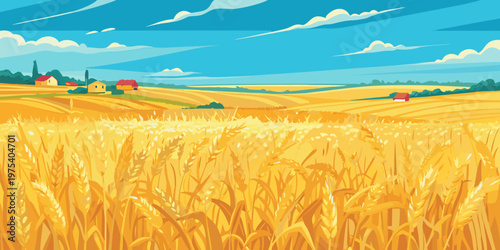 Golden wheat field landscape under a bright blue summer sky