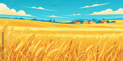 Golden wheat field stretches towards charming rural houses under a blue sky
