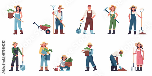 Diverse group of farmers and gardeners with various tools and plants