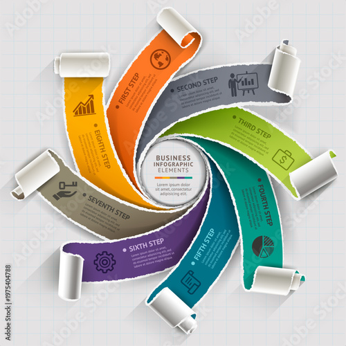 8-Step Business Infographic Spiral. Professional Vector Template with Torn Paper Design, Colorful Stages, and Strategic Icons for Process Visualization.