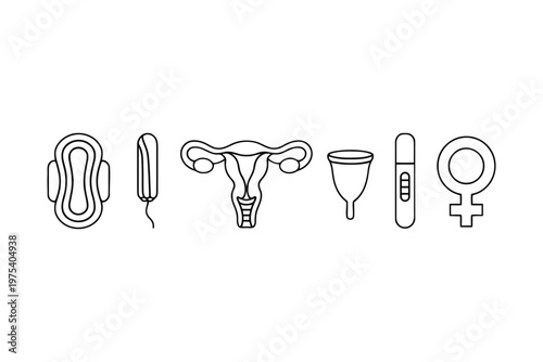 Black and white line of female hygiene products and reproductive system menstrual pad tampon uterus menstrual cup
