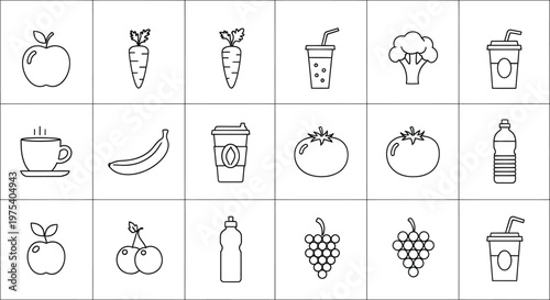 Food icons featuring fruits, vegetables, and drinks illustrate a healthy lifestyle and balanced dietary habits.