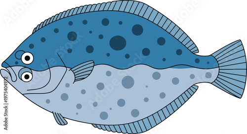 Flat Design Illustration Of A Blue Flounder Fish With Dark Spots