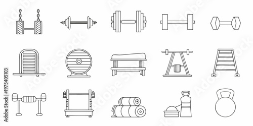 Line art illustration of various gym equipment and workout tools