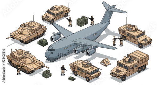 Isometric 3D illustration showing a military base concept with army vehicles, tanks, and transport aircraft being loaded by personnel, depicted on a white background in a planning