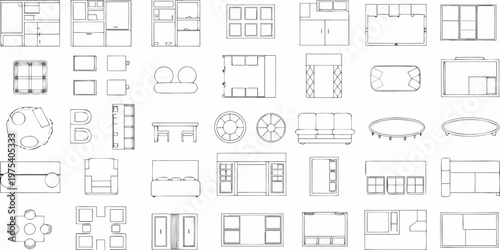 Top down view of furniture arrangement plans and interior elements