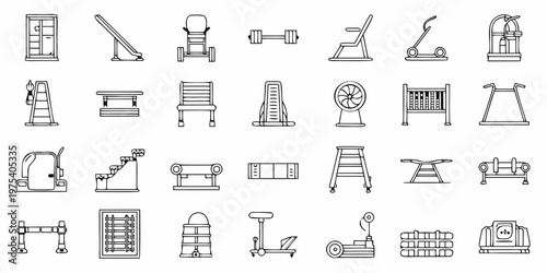 Collection of linear gym equipment and fitness machine outlines