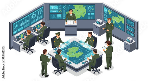 Isometric 3D military planning unfolds as officers convene at a headquarters, reviewing strategy on holographic displays and monitors in an army base isometric design, rendered