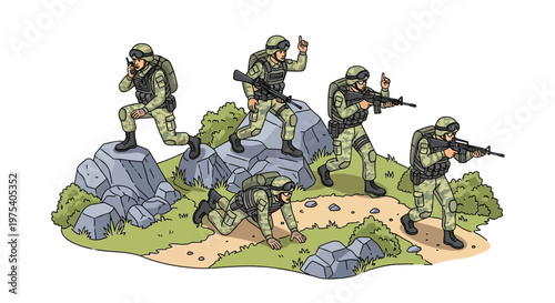 Isometric illustration showcasing a military base planning scenario with soldiers in action, rendered in 3D with a strategic overview, depicting army camp tactics and military compound