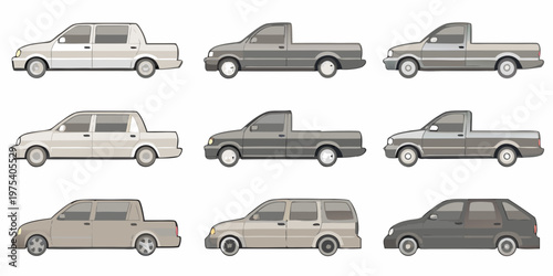 Illustration of various vehicle types including cars and pickup trucks