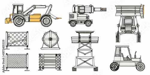 Construction equipment and related components in a sketched style illustration