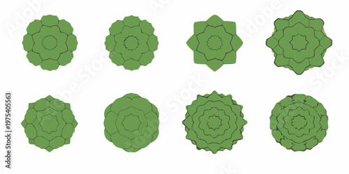Eight green stylized artichoke shapes arranged in a grid pattern