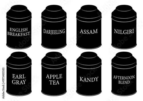 キッチン用　缶の容器　色々な種類の紅茶　ラベル付き