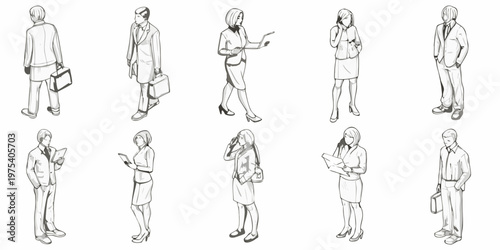 Diverse group of sketched businesspeople in various standing poses