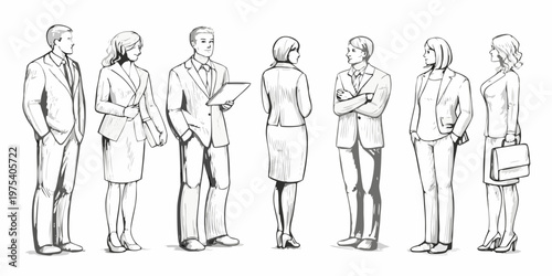 A group of professionals illustrated in a minimalist sketch style drawing