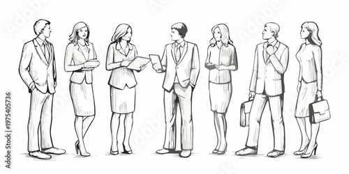 A group of business professionals standing and conversing in a sketch