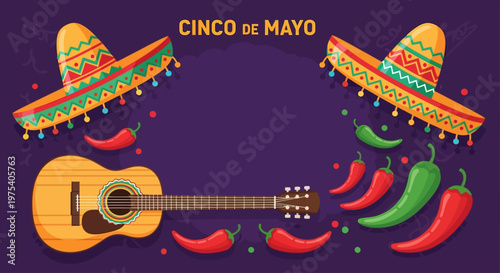 Cinco de Mayo Celebration Background with Sombrero Guitar and Chili Peppers