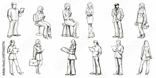 A collection of sketches depicting diverse people in business attire
