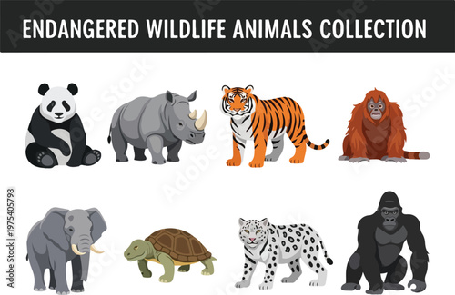 Endangered animals collection featuring elephants, tigers, pandas, and other endangered wildlife