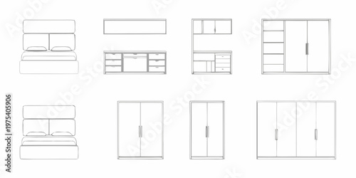 Line drawing of various furniture pieces including beds cabinets and wardrobes