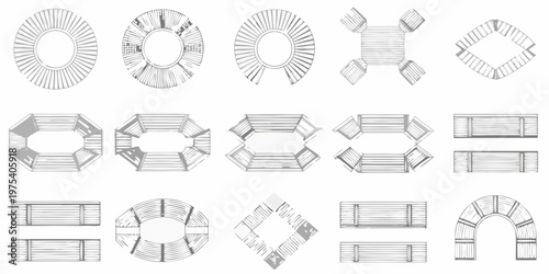 Architectural diagrams of varied geometric bench and seating designs